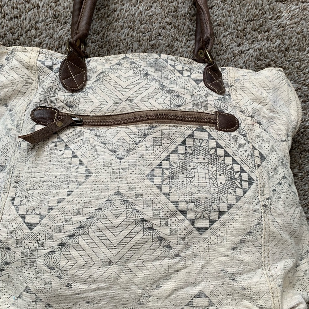 Myra Bag cream black tote bag geometric aztek bohemian purse cotton leather - Picture 3 of 12